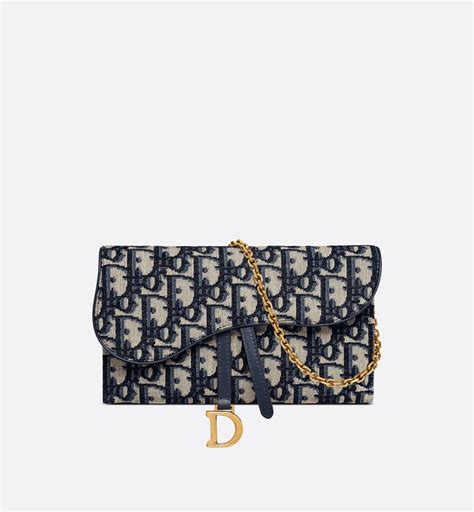 Portafoglio lungo Saddle con catena Jacquard Dior Oblique blu